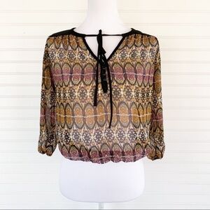 Lily Rose Sheer Boho Print Blouse XS – Tie Neck, Lined